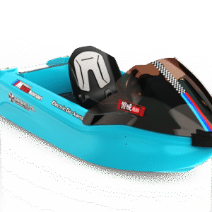Kids riding an electric go-kart boat on a sunny day
