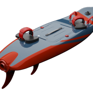 Rider gliding on an e-surfboard over clear ocean waves